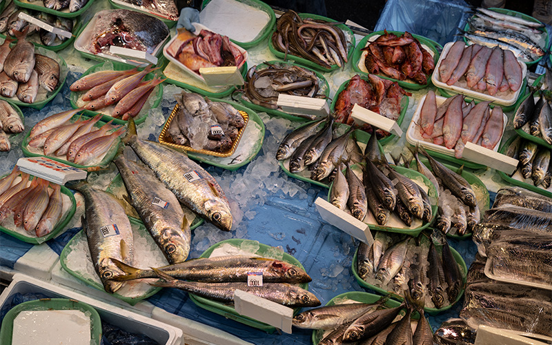 Variety of seafood displayed at a Singapore wet market.