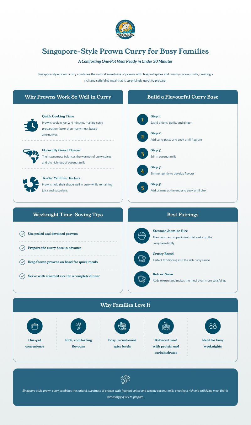 Infographic outlining a quick Singapore-style prawn curry recipe.