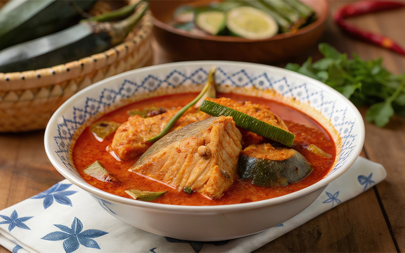 A bowl of red spicy fish curry with vegetables.